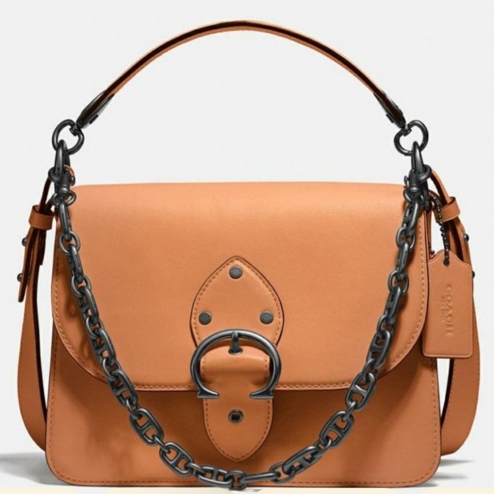 Coach Tan Leather Crossbody Bag with Gunmetal Chain